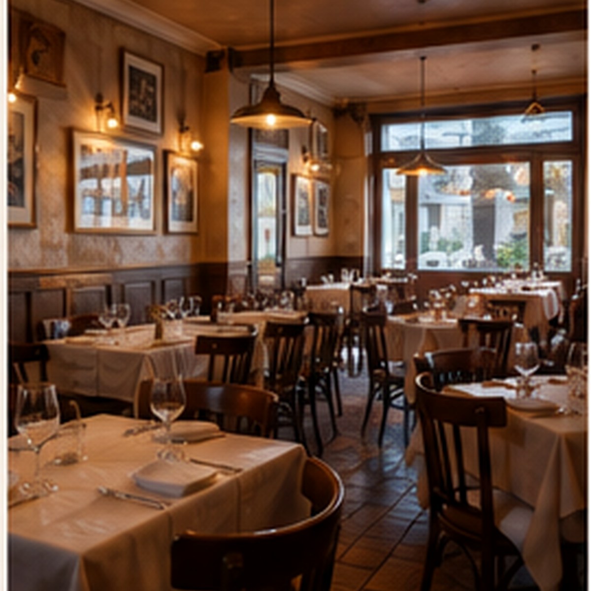 Immagine illustrativa di una sala ristorante con legno e luci calde